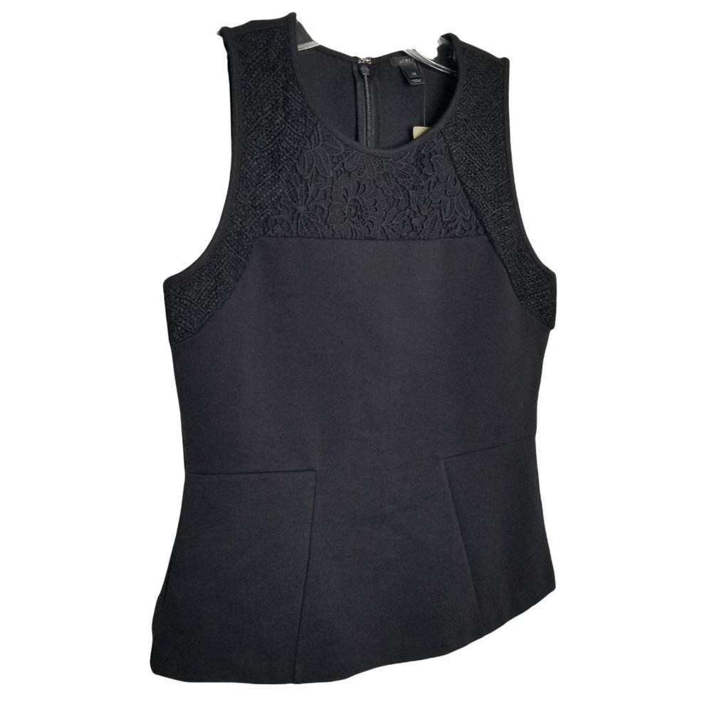 J Crew Size XS NWT Top Mixed Knit Lace Structured Shaped Fit Shell Peplum Black